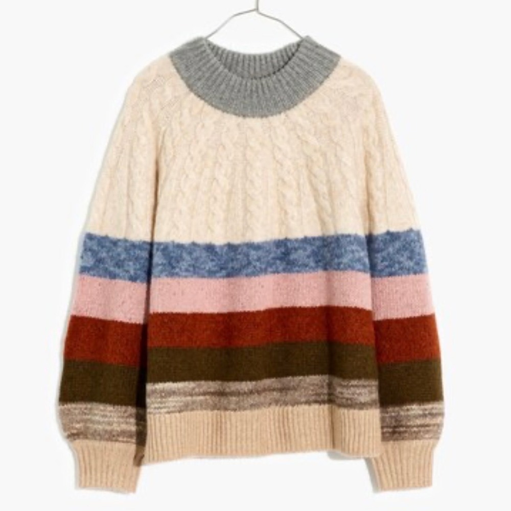 Madewell Cable Knit Alpaca Blend Striped Crewneck Sweater Multi-Color Large